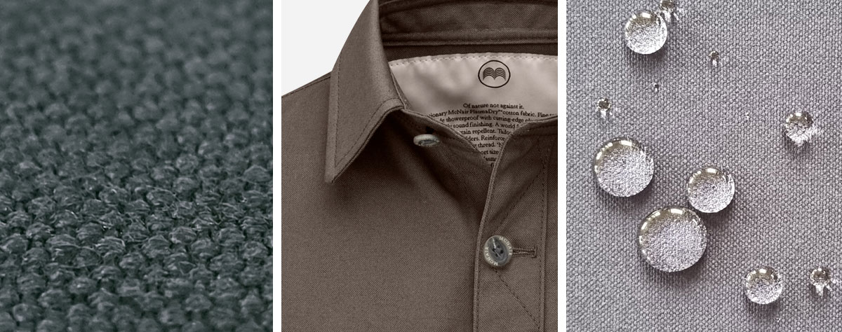 McNair half panama fabric details (showing weave, shirt detail, and water repellency)
